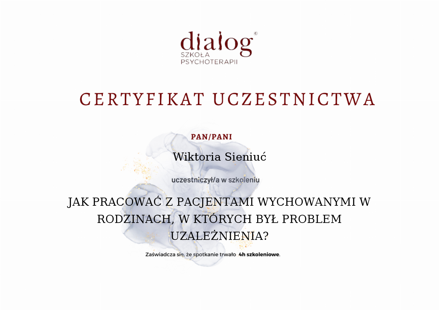 Certyfikat — Wiktoria Sieniuć