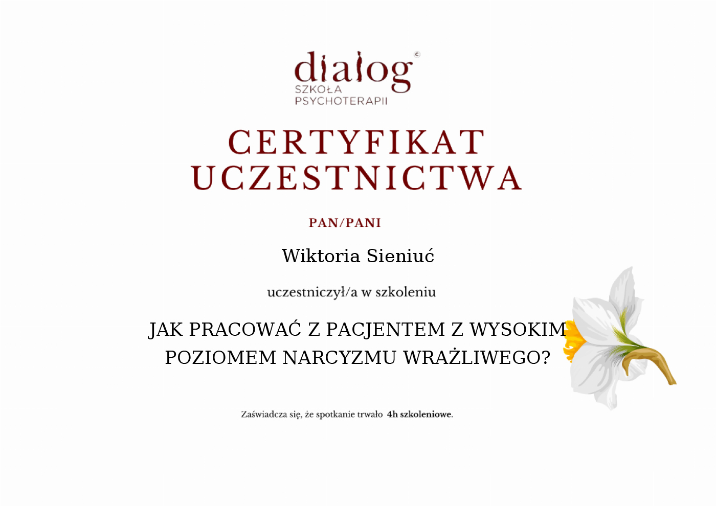 Certyfikat — Wiktoria Sieniuć
