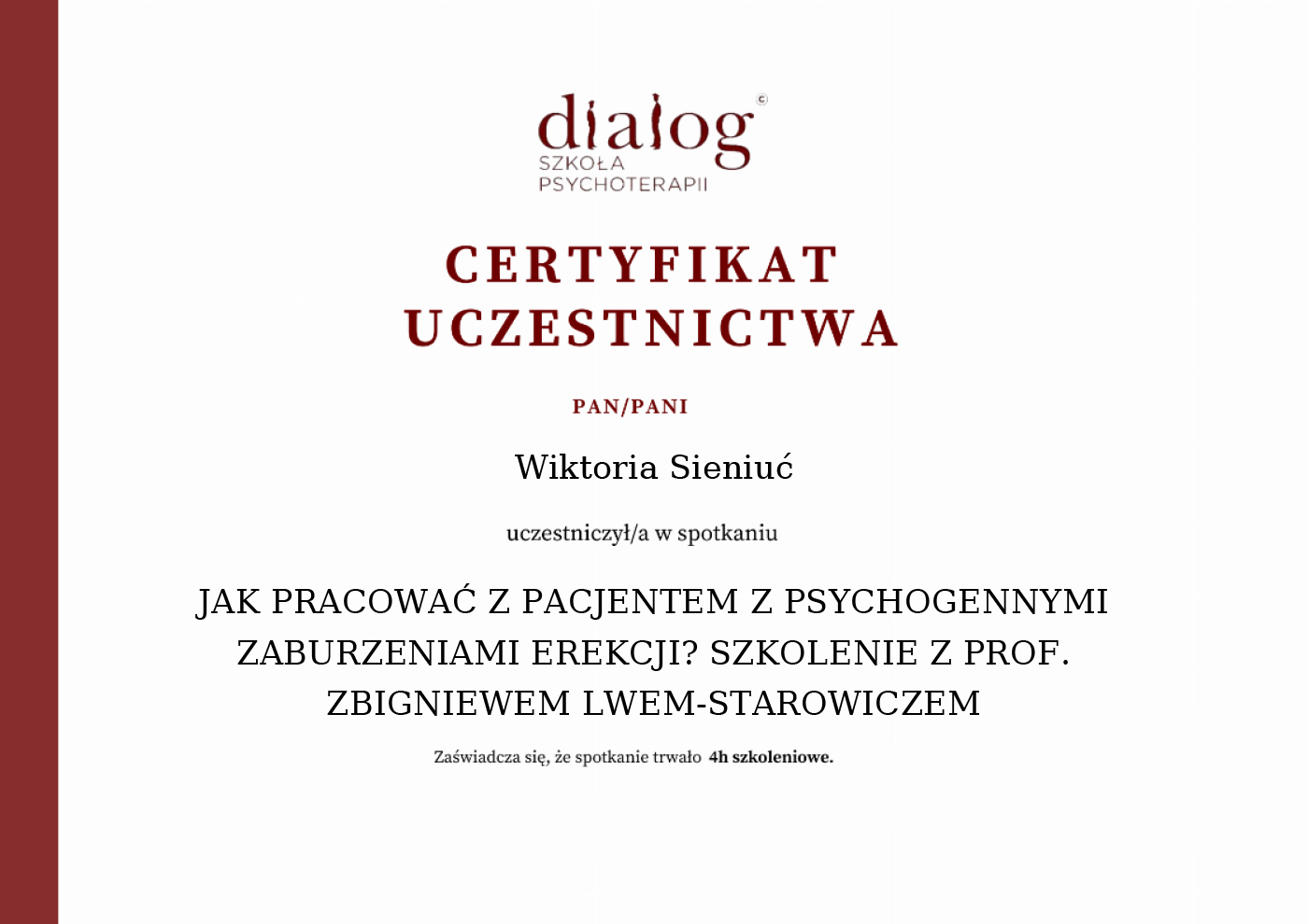 Certyfikat — Wiktoria Sieniuć