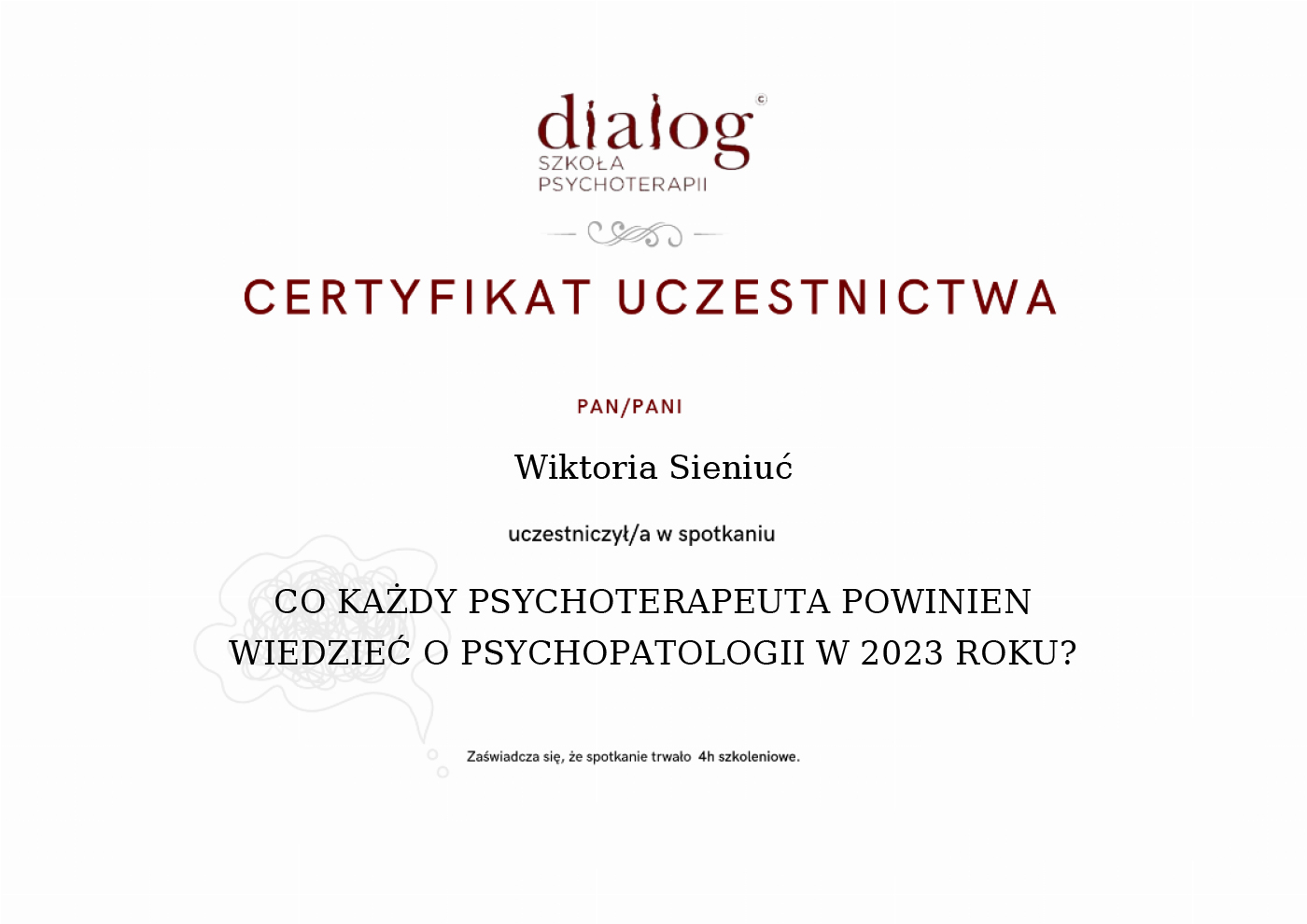 Certyfikat — Wiktoria Sieniuć