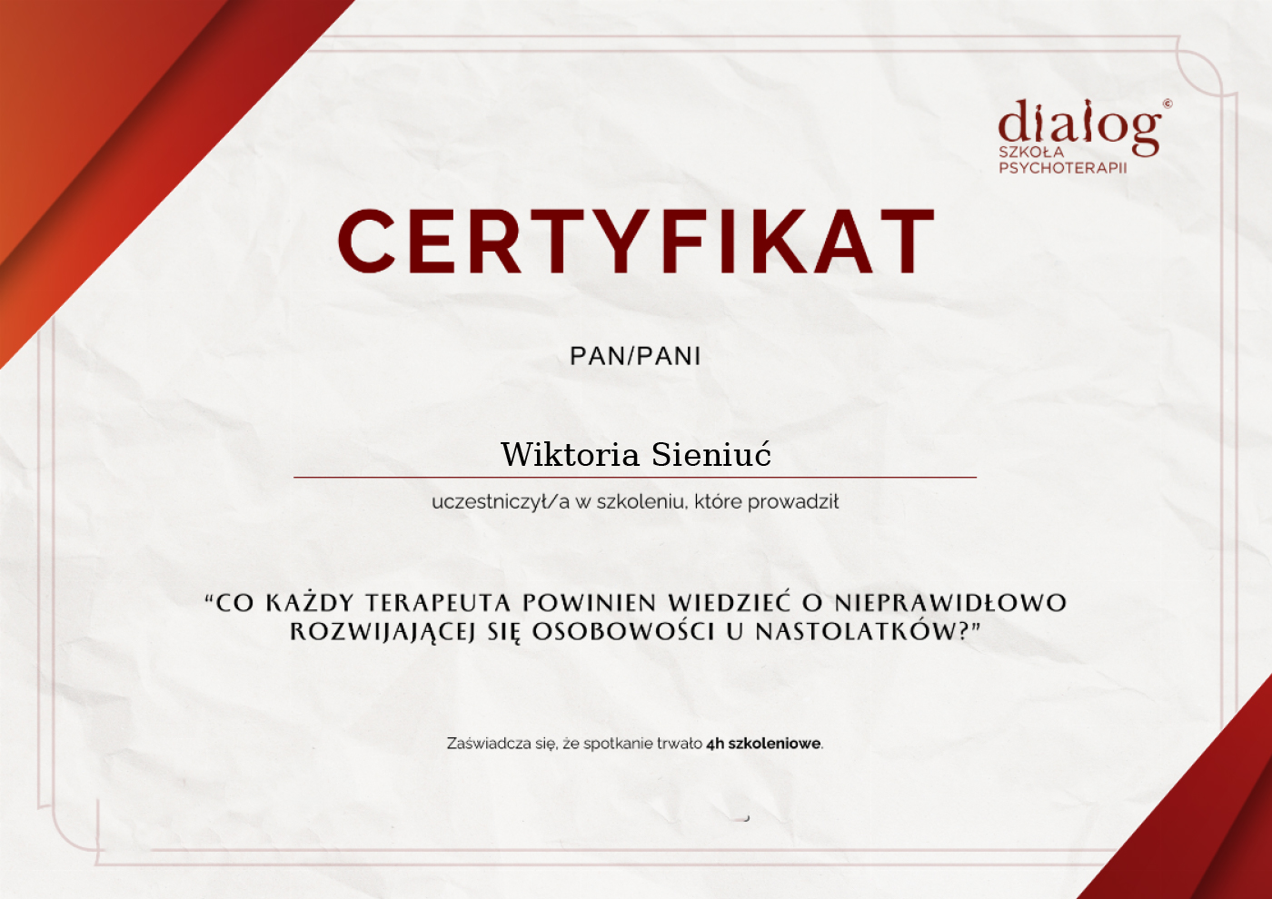Certyfikat — Wiktoria Sieniuć