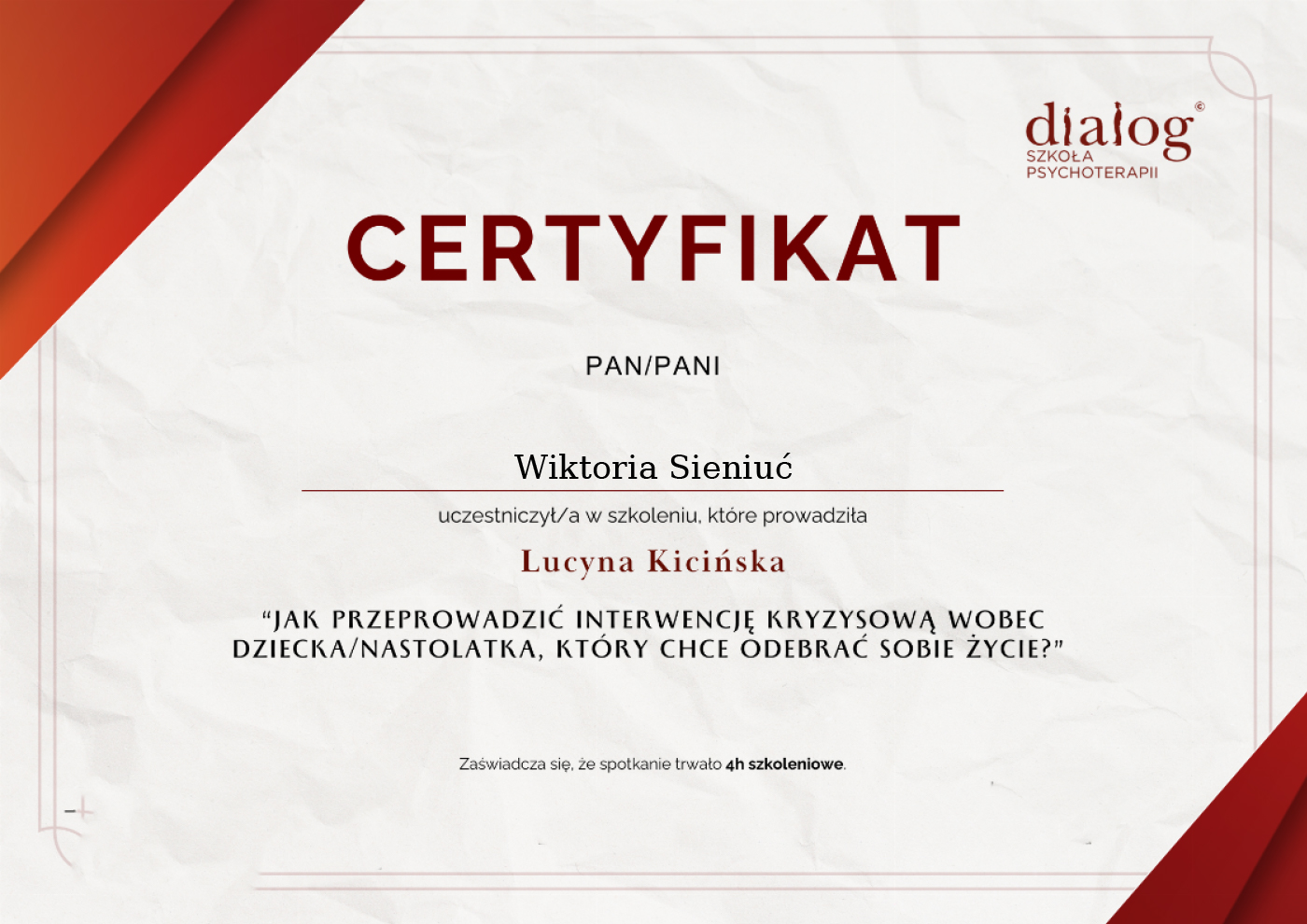 Certyfikat — Wiktoria Sieniuć