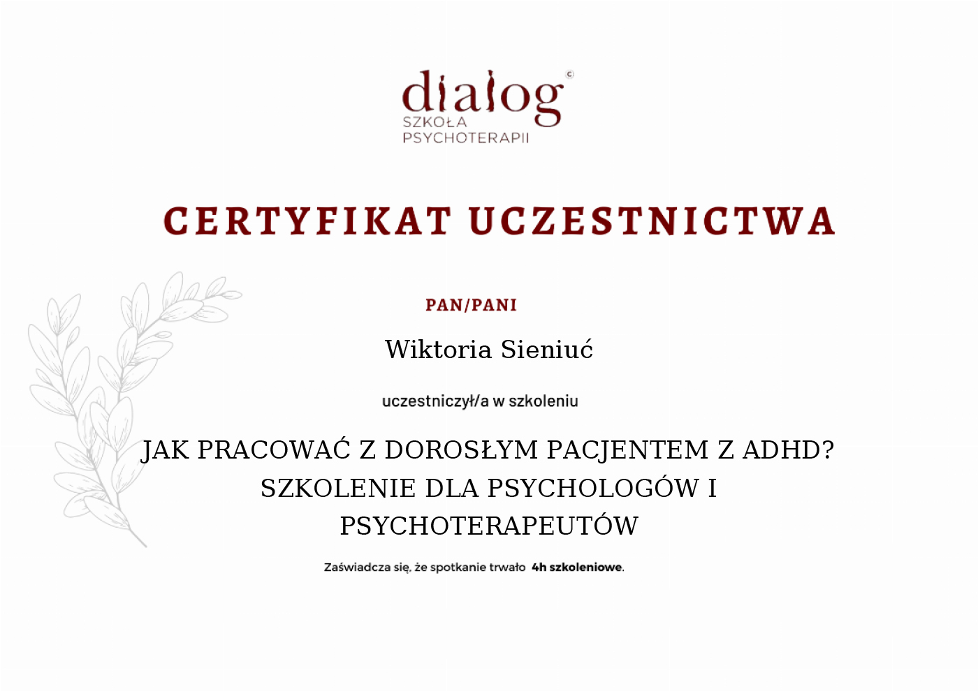 Certyfikat — Wiktoria Sieniuć