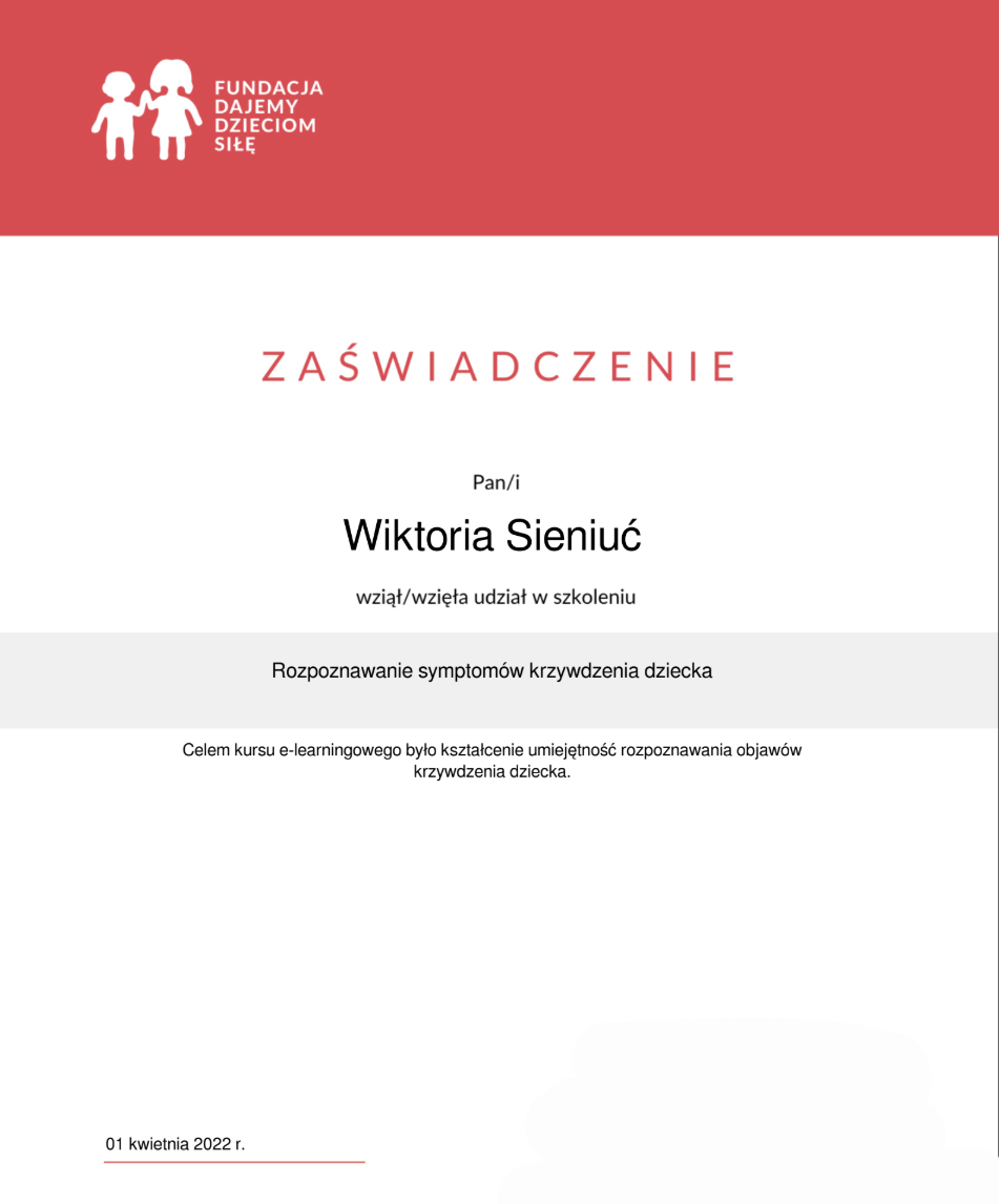Certyfikat — Wiktoria Sieniuć