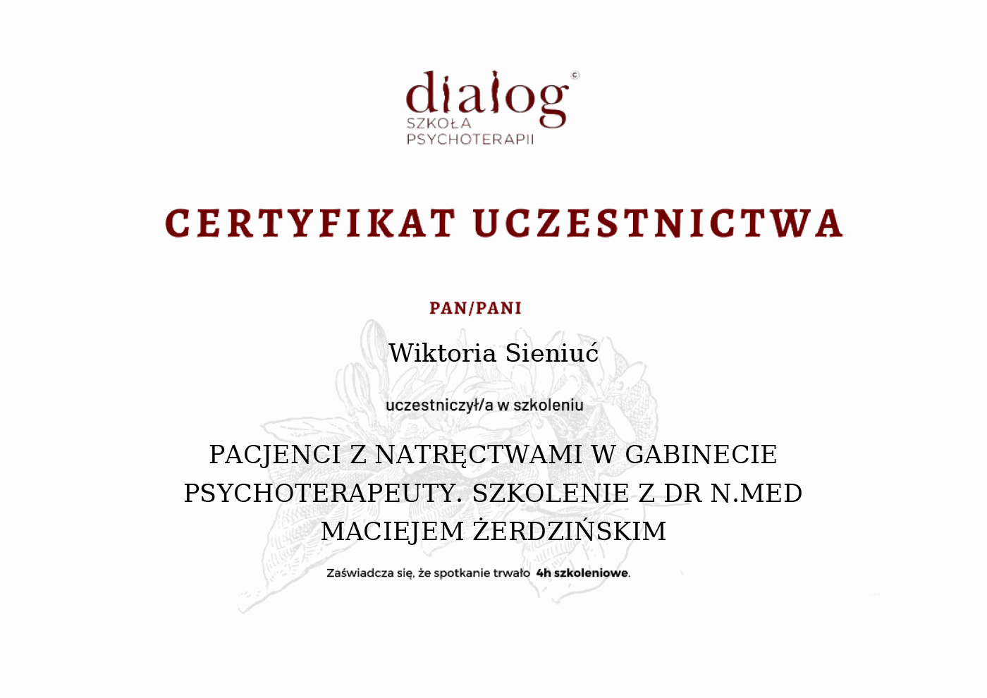 Certyfikat — Wiktoria Sieniuć