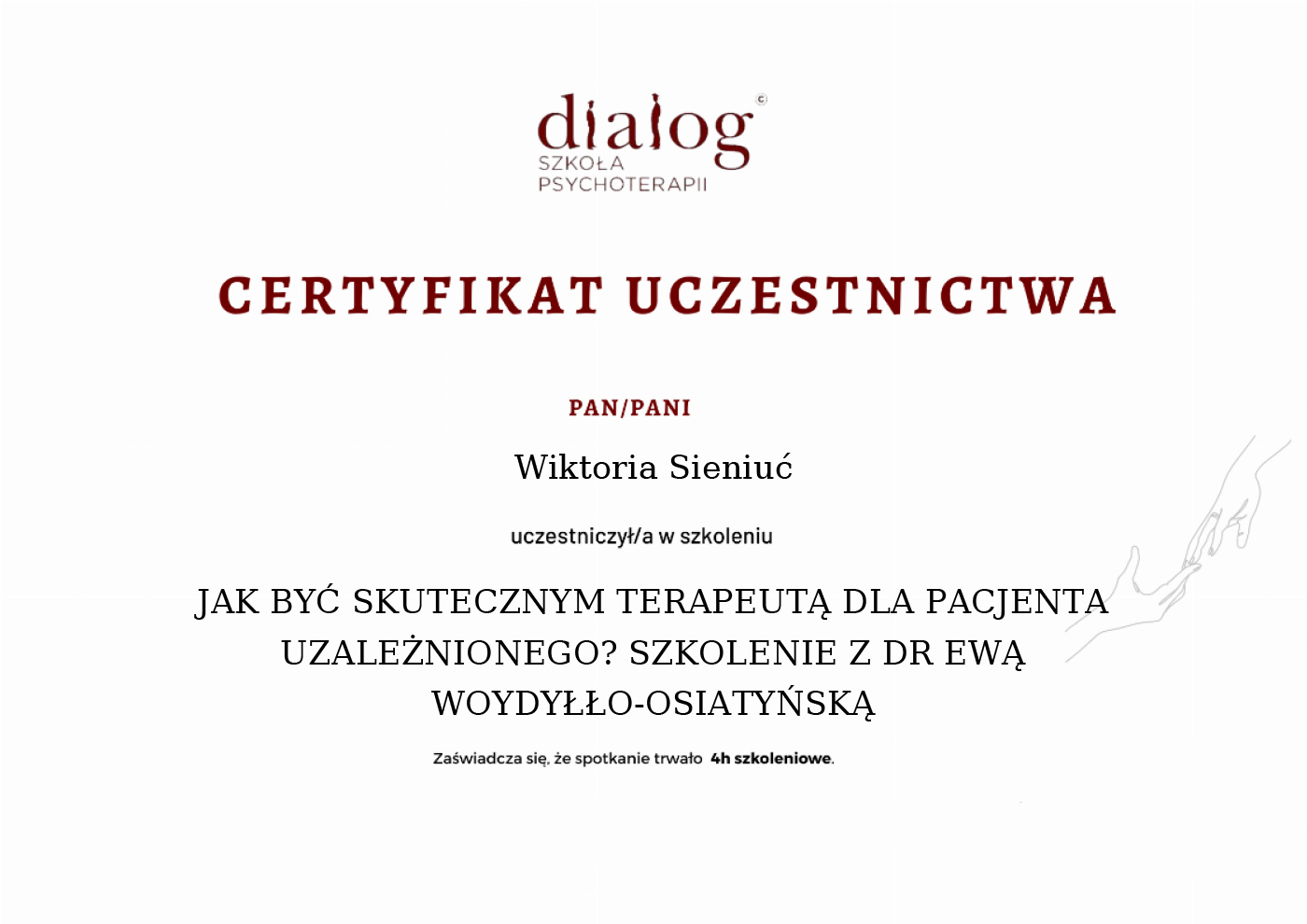 Certyfikat — Wiktoria Sieniuć